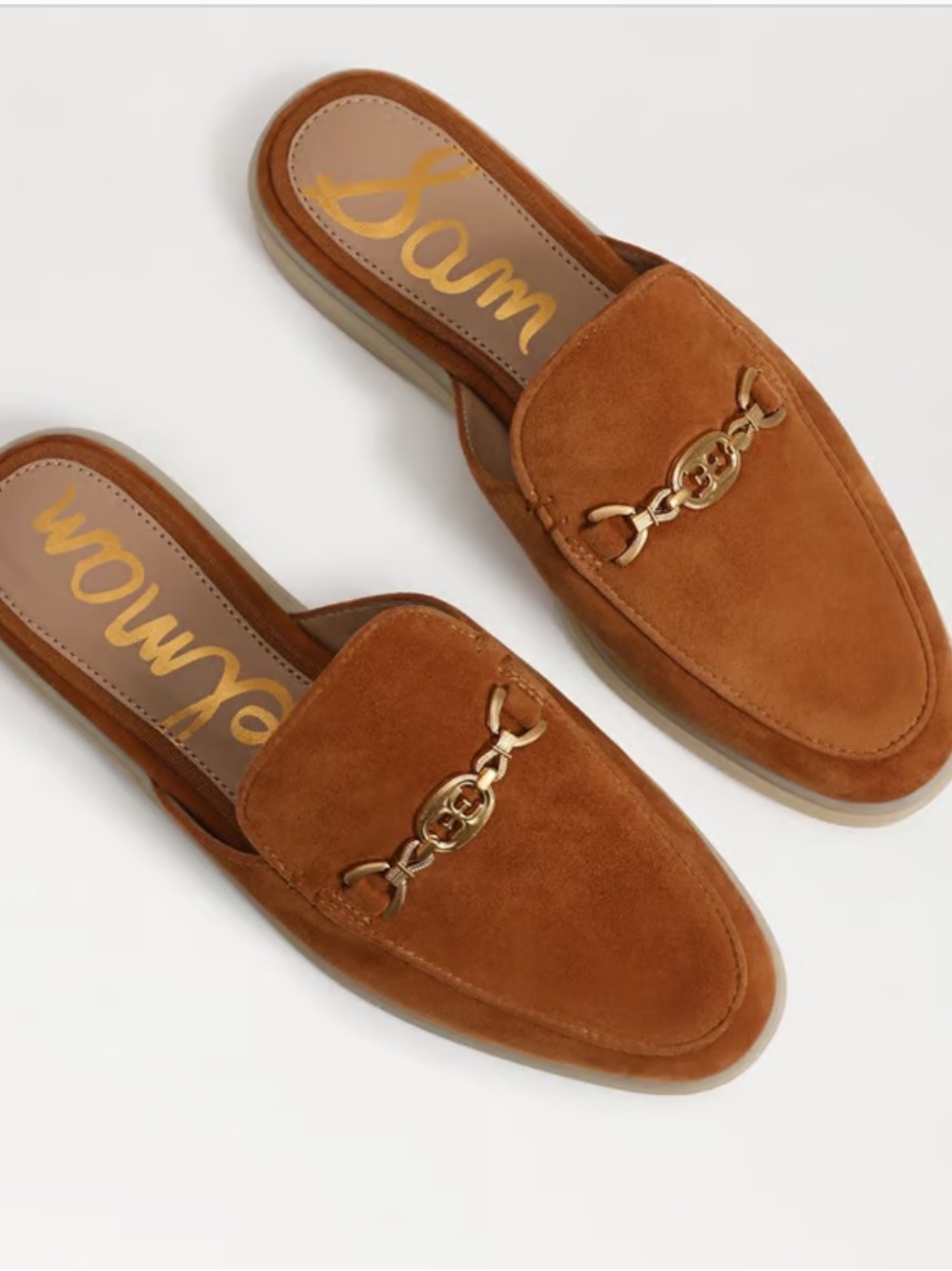 Sam Edelman Kira Bit Suede Backless Mules in Cognac with Gold Hardware